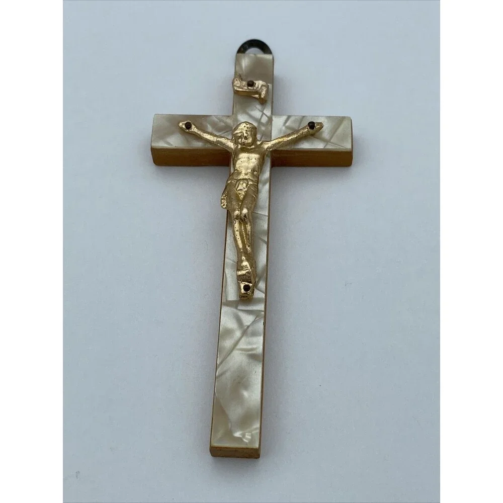 Beautiful Vintage Wood Crucifix with Mother Of Pearl - God Bless